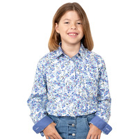 Just Country Girls Harper Half Button Print Shirt (GWLS2213) White/Blue Hibiscus [GD]