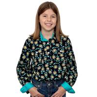 Just Country Girls Harper Half Button Print Shirt (GWLS2272) Black Sunflowers [GD]