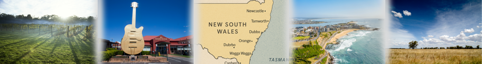 Collage of images of NSW. Agriculture farming and Tamworth Music Festival