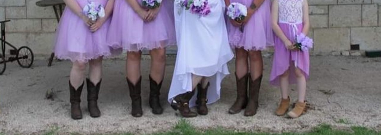 Lilac Bridesmaid dresses and White Bride dress with Western Boots