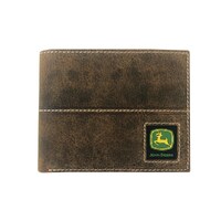 John Deere Mens Rubber Trademark Patch Distressed Leather Tri-Fold Wallet (4096000-210) Tan