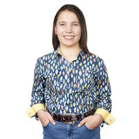 Just Country Girls Harper Half Button Print Work Shirt (GWLS2113) Denim Blue/Butter Feathers 