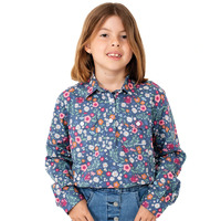 Just Country Girls Harper Half Button Print Work Shirt (GWLS2141) Denim Blue Garden [SD]