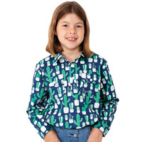 Just Country Girls Harper Half Button Print Work Shirt (GWLS2148) Navy/Green Cactus [SD]