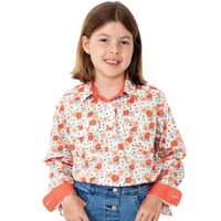 Just Country Girls Harper Half Button Print Work Shirt (GWLS2179) Coral Daisies [SD]