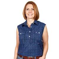 Just Country Womens Lilly Half Button Sleeveless Print Work Shirt (WWNS2193) Navy Thistles [SD]
