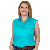 Just Country Womens Kerry Trim Half Button Sleeveless Print Workshirt (WWNS2277) Turquoise/Indigo Daisies [GD]