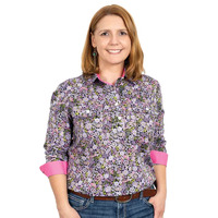 Just Country Womens Georgie Half Button Print Shirt (WWLS2315) Black Orchid Garden [SD]
