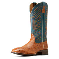 Ariat Mens Brandin' Ultra Western Boots (10046963) Antique Tan Full Quill Ostrich/Deep Blue [SD]