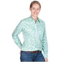 Just Country Womens Georgie Half Button Print L/S Work Shirt (WWLS2582) Turquoise Floral