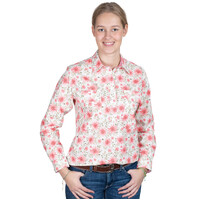 Just Country Womens Georgie Half Button Print L/S Work Shirt (WWLS2575) White Gerberas/Rose