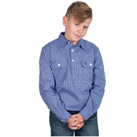 Just Country Boys Brayden Half Button Print L/S Work Shirt (BWLS2588) Cobalt/Light Blue Check