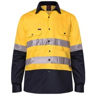 Ritemate Unisex Vented Open Front Lightweight L/S Work Shirt with Reflective Tape (RM107V2R) Yellow/Navy