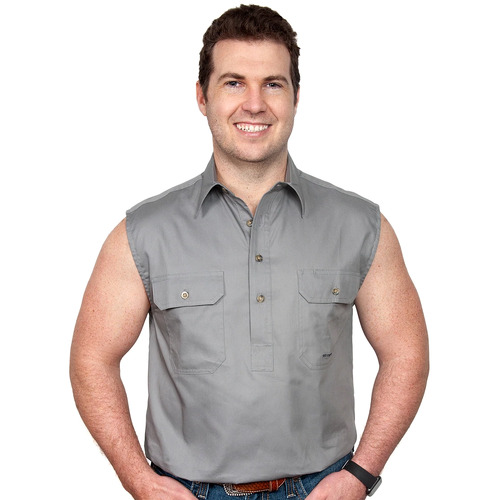 Just Country Mens Jack Sleeveless Half Button Work Shirt (10103) Steel Grey S