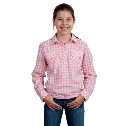 Just Country Girls Harper Half Button Print Shirt (GWLS2404) Flamingo Pink Check XS/4-5