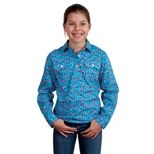 Just Country Girls Harper Half Button Print Shirt (GWLS2408) Blue Lattice XS/4-5