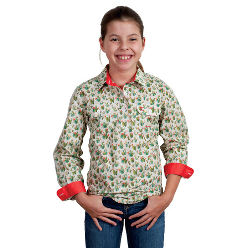 Just Country Girls Harper Half Button Print Shirt (GWLS2411) Cream Cactus XS/4-5