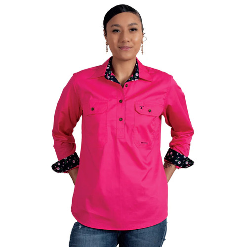 Just Country Womens Jahna Trim Half Button Shirt (WWLS2418) Hot Pink/Navy Primrose 8