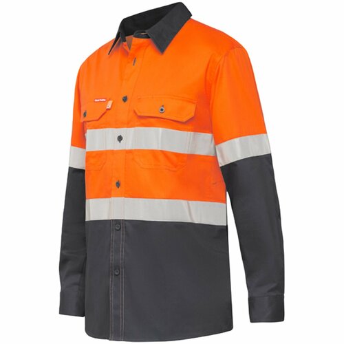 Hard Yakka Mens Hi Vis Koolgear Ventilated L/S Shirt with Tape (Y07740) Orange/Navy  [SD]