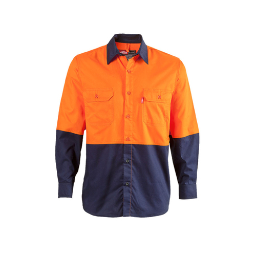 Jonsson Mens Air Hi Vis Vented L/S Work Shirt (G1023) Orange/Navyn