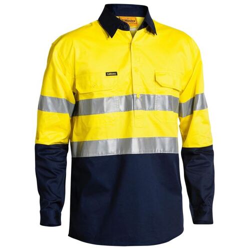 Bisley Mens Taped Hi Vis Closed Front L/S Shirt (BSC6896_TT01) Yellow/Navy S