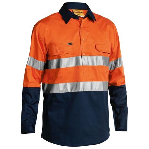 Bisley Mens Taped Hi Vis Closed Front L/S Shirt (BSC6896_TT02) Orange/Navy M
