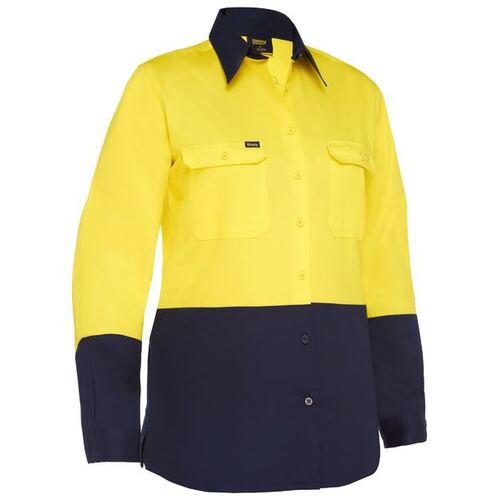 Bisley Womens Hi Vis Lightweight L/S Drill Shirt (BL6895_TT01) Yellow/Navy 14 [AD]