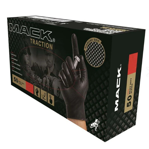 Mack Traction Nitrile Disposable Gloves Box of 50 (MKGTRACTIBB) Black M