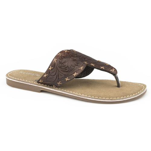 Roper Womens Juliet Thongs (21607527) Brown Handtooled Leather [SD]