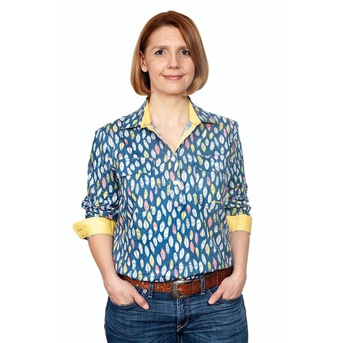 Just Country Womens Georgie Half Button Print Work Shirt (WWLS2113) Denim Blue/Butter Feathers 