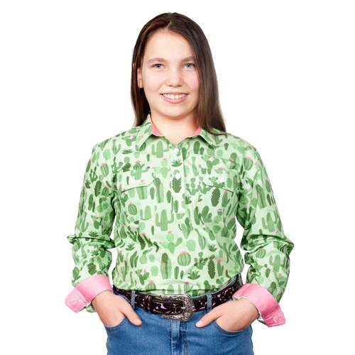 Just Country Girls Harper Half Button Print Work Shirt (GWLS2136) Lime/Rose Cactus 