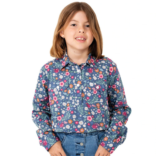 Just Country Girls Harper Half Button Print Shirt (GWLS2141) Denim Blue Garden [SD]