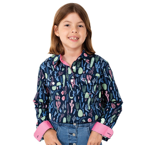 Just Country Girls Harper Half Button Print Shirt (GWLS2142) Navy/Pink Cactus XS [SD]