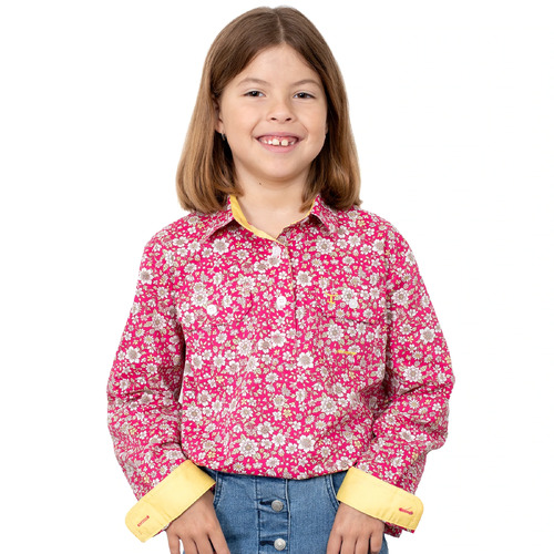 Just Country Girls Harper Half Button Print Shirt (GWLS2214) Hot Pink Cottage Garden S