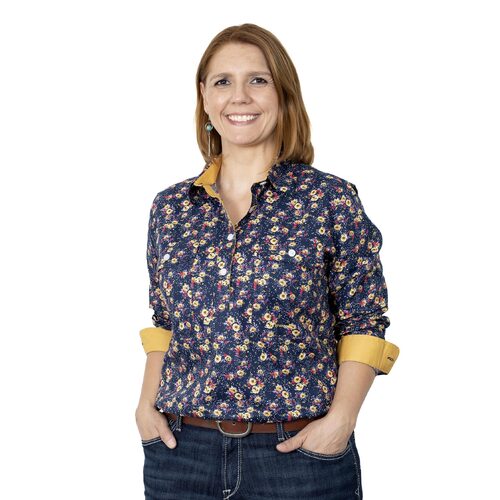 Just Country Womens Georgie Half Button Print Shirt (WWLS2239) Navy Pansies 8 [GD]
