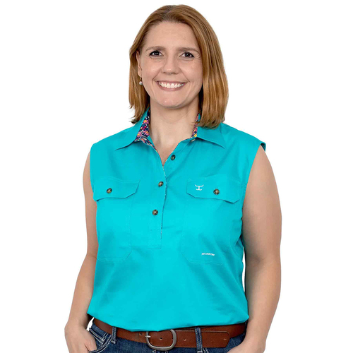 Just Country Womens Kerry Trim Half Button Sleeveless Print Workshirt (WWNS2277) Turquoise/Indigo Daisies 8 [GD]