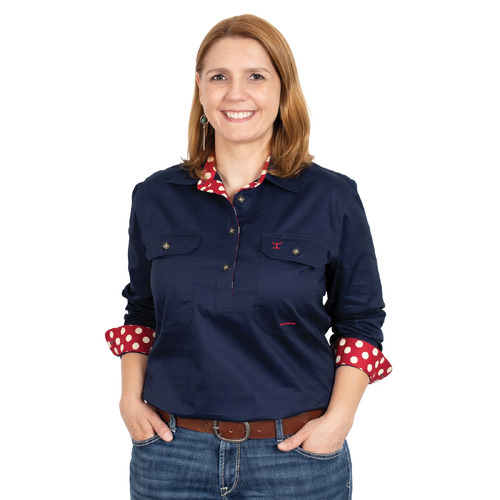Just Country Womens Jahna Trim Half Button Shirt (WWLS2334) Navy/Crimson Spots