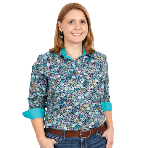 Just Country Womens Georgie Half Button Print Shirt (WWLS2313) Black Turquoise Garden [GD]