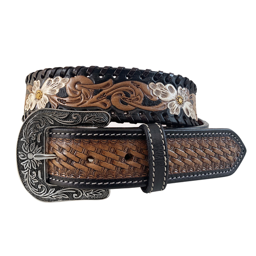 Roper Womens Western Floral Tooled Leather 1.5" Belt (8852790) Basket Weave End Tabs