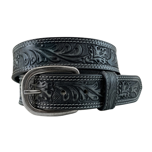 Roper Womens Floral Embossed Distressed Leather 1.5" Belt (9653300K) Black S