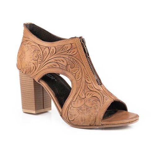 Roper Womens Mika Front Zip Sandals (21946207) Natural Tooled Leather 7 [SD]