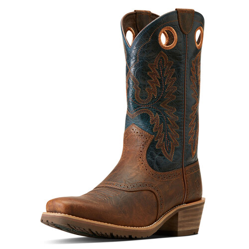 Ariat Mens Hybrid Roughstock Square Toe Boots (10046831) Fiery Brown Crunch/Western Blue [SD]