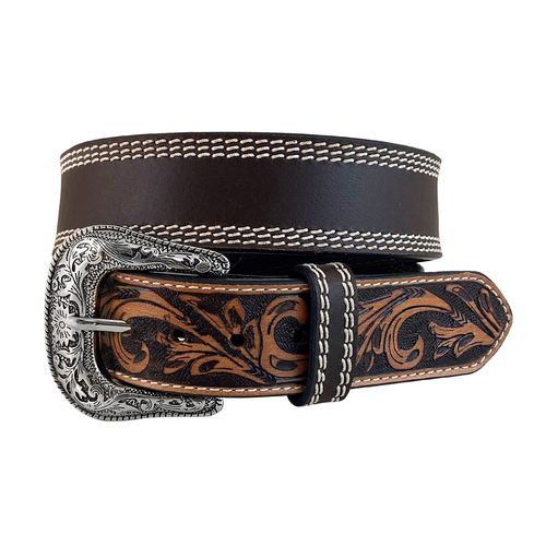 Roper Mens 1.1/2" Genuine Leather with Buff Harness Floral End Tabs Belt (9563500) Brown 32