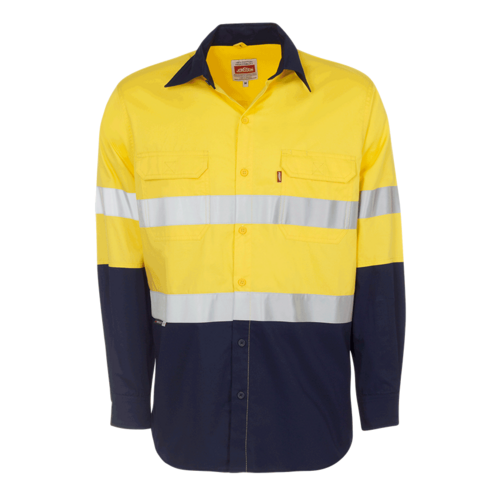 Jonsson Mens Hi Vis Vented L/S Reflective Work Shirt (MSVENT) Navy/Yellow [GD]