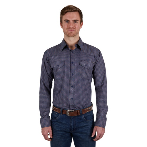 Pure Western Mens Avondale L/S Shirt (P4W1100824) Navy/Orange L