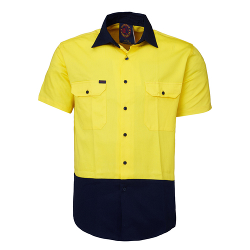Ritemate Mens Hi Vis Open Front S/S Shirt (RM1050S) Yellow/Navy XS