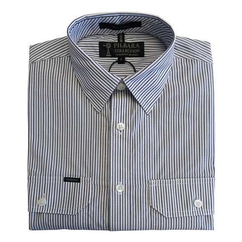 Ritemate Mens Pilbara Classic Cotton Dual Pocket Stripe S/S Shirt (RMPC058S) Grey-Navy-White Stripe S [SD]