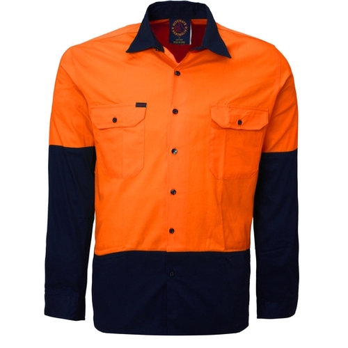 Ritemate Mens Vented Open Front L/S Shirt (RM107V2) Orange/Navy XS