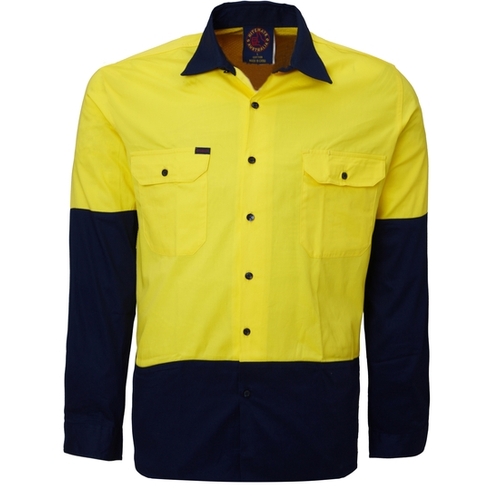 Ritemate Mens Vented Open Front L/S Shirt (RM107V2) Yellow/Navy XS