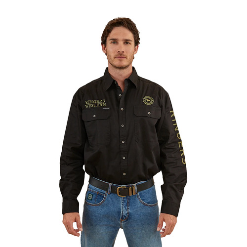 Ringers Western Mens Hawkeye Full Button Work Shirt (118110002) Black/Camo S [GD]